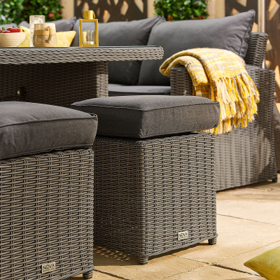 Ciara Deluxe Corner Rattan Lounge Dining Set with 4 Stools - Square Parasol Hole Table in Slate Grey