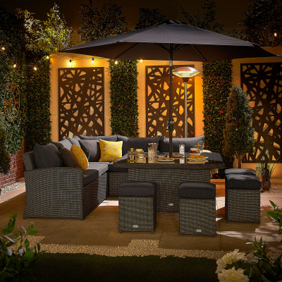 Ciara Deluxe Corner Rattan Lounge Dining Set with 4 Stools - Square Parasol Hole Table in Slate Grey