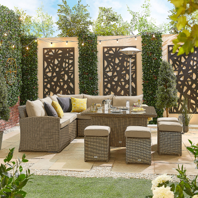 Ciara Deluxe Corner Rattan Lounge Dining Set with 4 Stools - Square Parasol Hole Table in Willow