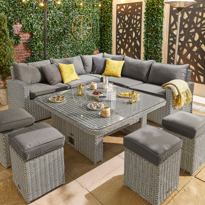 Ciara Deluxe Corner Rattan Lounge Dining Set with 4 Stools - Square Rising Table in White Wash