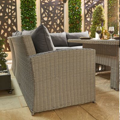 Ciara Deluxe Corner Rattan Lounge Dining Set with 4 Stools - Square Rising Table in White Wash