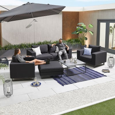 Eden All Weather Fabric Aluminium 2 Seater Sofa Lounging Set with Square Coffee Table & Footstool & 2 Armchairs in Charcoal Grey