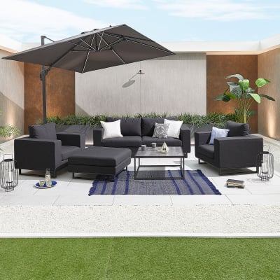 Eden All Weather Fabric Aluminium 2 Seater Sofa Lounging Set with Square Coffee Table & Footstool & 2 Armchairs in Charcoal Grey