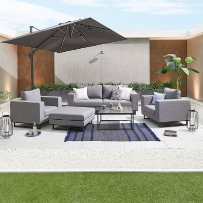 Eden All Weather Fabric Aluminium 2 Seater Sofa Lounging Set with Square Coffee Table & Footstool & 2 Armchairs in Ash Grey