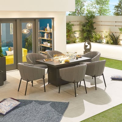 Edge 6 Seat All Weather Fabric Aluminium Dining Set - Rectangular Gas Fire Pit Table in Ash Grey