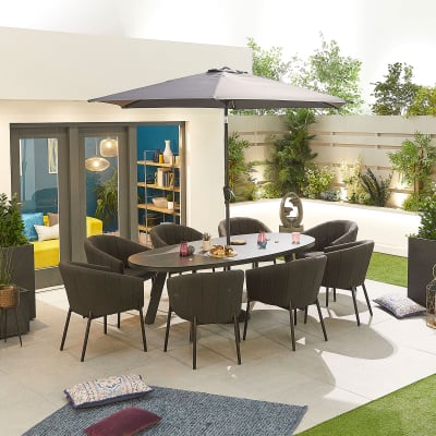 Edge 8 Seat All Weather Fabric Aluminium Dining Set - Oval Table in Charcoal Grey