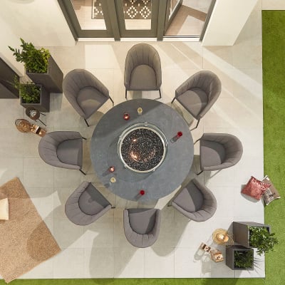 Edge 8 Seat All Weather Fabric Aluminium Dining Set - Round Gas Fire Pit Table in Ash Grey