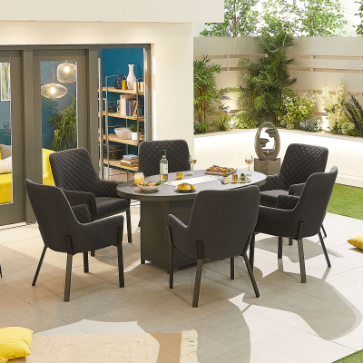 Genoa 6 Seat All Weather Fabric Aluminium Dining Set - Oval Gas Fire Pit Table in Charcoal Grey