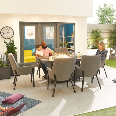 Genoa 6 Seat All Weather Fabric Aluminium Dining Set - Rectangular Gas Fire Pit Table in Ash Grey