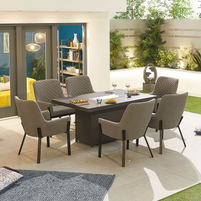 Genoa 6 Seat All Weather Fabric Aluminium Dining Set - Rectangular Gas Fire Pit Table in Ash Grey