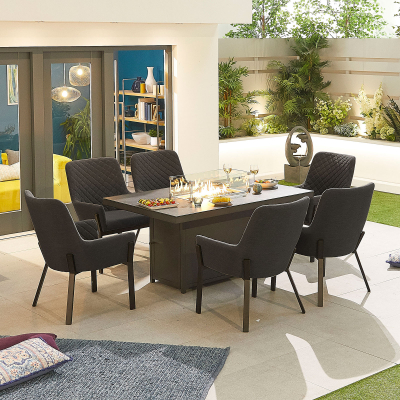 Genoa 6 Seat All Weather Fabric Aluminium Dining Set - Rectangular Gas Fire Pit Table in Charcoal Grey