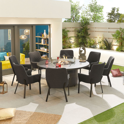 Genoa 8 Seat All Weather Fabric Aluminium Dining Set - Round Gas Fire Pit Table in Charcoal Grey