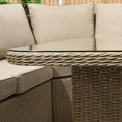 Harper Deluxe Corner Rattan Lounge Dining Set with Armchair and Stool - Square Rising Table in Willow