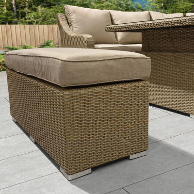 Harper Deluxe Corner Rattan Lounge Dining Set with Armchair and Stool - Square Rising Table in Willow