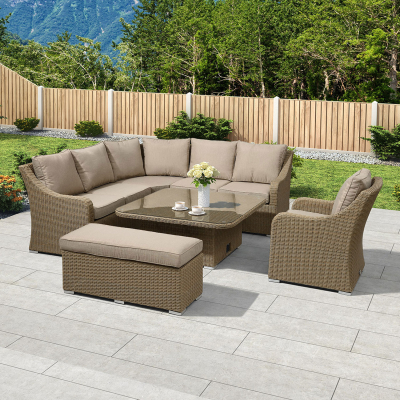 Harper Deluxe Corner Rattan Lounge Dining Set with Armchair and Stool - Square Rising Table in Willow