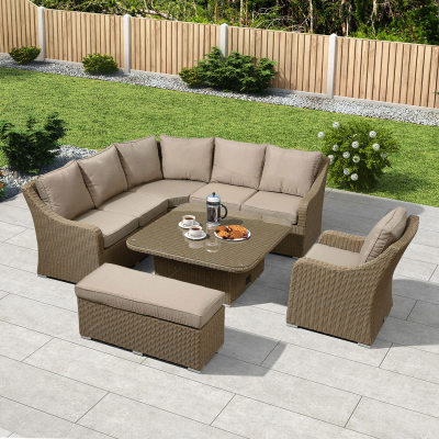 Harper Deluxe Corner Rattan Lounge Dining Set with Armchair and Stool - Square Rising Table in Willow