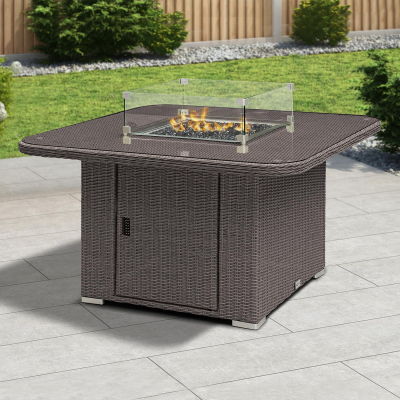 Harper Deluxe Corner Rattan Lounge Dining Set with Armchair and Stool - Square Gas Fire Pit Table in Slate Grey