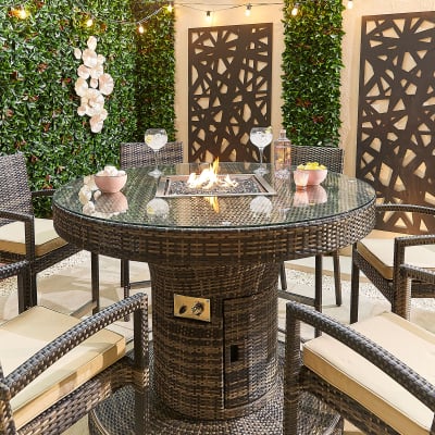 Henley 6 Seat Rattan Bar Set - Round Gas Fire Pit Table in Brown Rattan