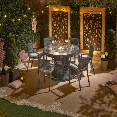 Henley 6 Seat Rattan Bar Set - Round Gas Fire Pit Table in Grey Rattan