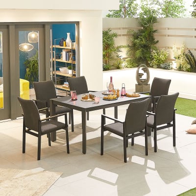 Hugo 6 Seat All Weather Fabric Aluminium Dining Set - Rectangular Table in Charcoal Grey