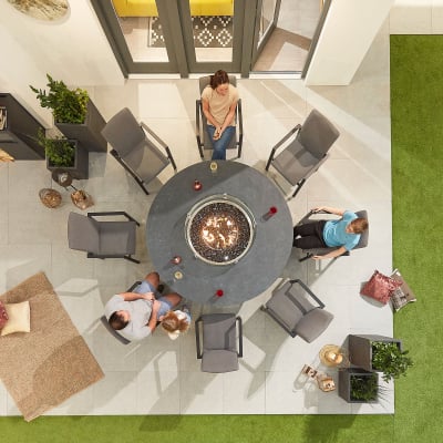 Hugo 8 Seat All Weather Fabric Aluminium Dining Set - Round Gas Fire Pit Table in Ash Grey