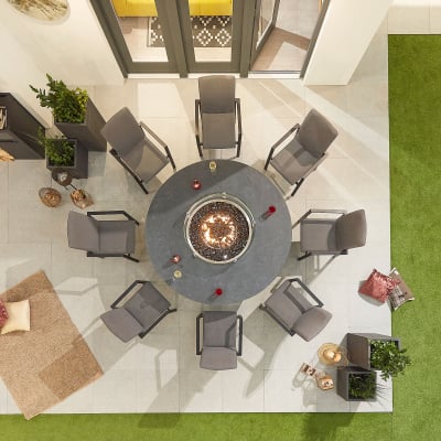 Hugo 8 Seat All Weather Fabric Aluminium Dining Set - Round Gas Fire Pit Table in Ash Grey