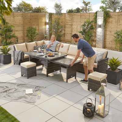 Cambridge L-Shaped Corner Rattan Lounge Dining Set with 3 Stools - Left Handed Add & Extending Table in Brown Rattan