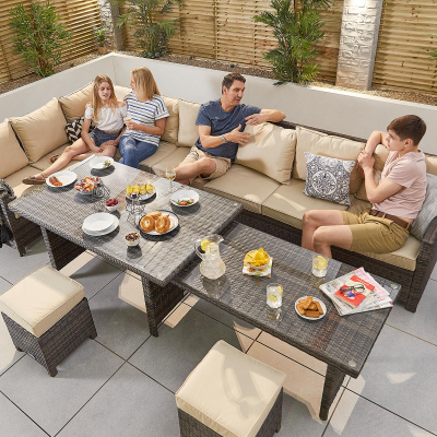 Cambridge L-Shaped Corner Rattan Lounge Dining Set with 3 Stools - Left Handed Add & Extending Table in Brown Rattan