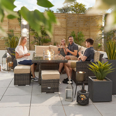 Cambridge L-Shaped Corner Rattan Lounge Dining Set with 3 Stools - Left Handed Gas Fire Pit Table in Brown Rattan