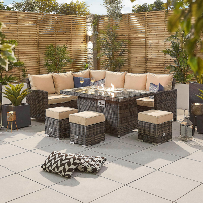 Cambridge L-Shaped Corner Rattan Lounge Dining Set with 3 Stools - Left Handed Gas Fire Pit Table in Brown Rattan