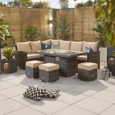 Cambridge L-Shaped Corner Rattan Lounge Dining Set with 3 Stools - Left Handed Gas Fire Pit Table in Brown Rattan