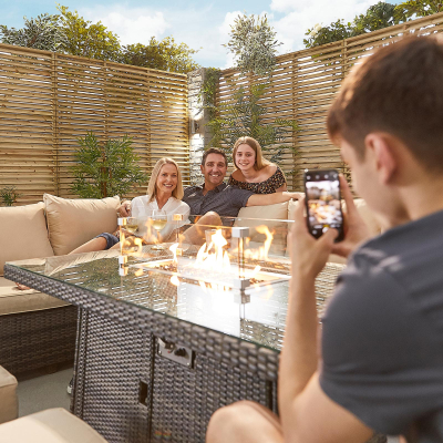 Cambridge L-Shaped Corner Rattan Lounge Dining Set with 3 Stools - Left Handed Gas Fire Pit Table in Brown Rattan