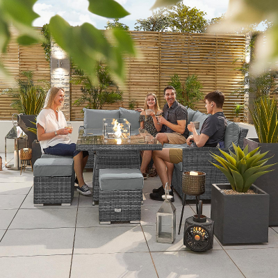 Cambridge L-Shaped Corner Rattan Lounge Dining Set with 3 Stools - Left Handed Gas Fire Pit Table in Grey Rattan