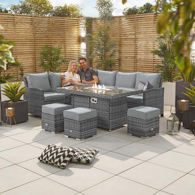 Cambridge L-Shaped Corner Rattan Lounge Dining Set with 3 Stools - Left Handed Gas Fire Pit Table in Grey Rattan