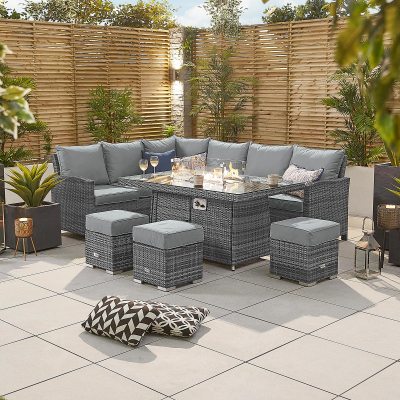 Cambridge L-Shaped Corner Rattan Lounge Dining Set with 3 Stools - Left Handed Gas Fire Pit Table in Grey Rattan