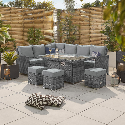 Cambridge L-Shaped Corner Rattan Lounge Dining Set with 3 Stools - Left Handed Gas Fire Pit Table in Grey Rattan