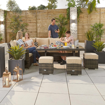 Cambridge L-Shaped Corner Rattan Lounge Dining Set with 3 Stools - Left Handed Table in Brown Rattan