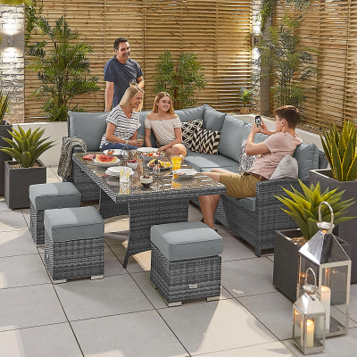 Cambridge L-Shaped Corner Rattan Lounge Dining Set with 3 Stools - Left Handed Table in Grey Rattan