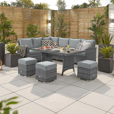 Cambridge L-Shaped Corner Rattan Lounge Dining Set with 3 Stools - Left Handed Table in Grey Rattan