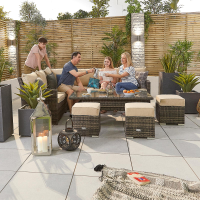 Cambridge L-Shaped Corner Rattan Lounge Dining Set with 3 Stools - Left Handed Rising Table in Brown Rattan