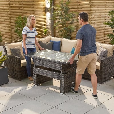 Cambridge L-Shaped Corner Rattan Lounge Dining Set with 3 Stools - Left Handed Rising Table in Brown Rattan