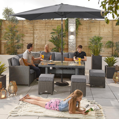 Ciara L-Shaped Corner Rattan Lounge Dining Set with 3 Stools - Left Handed Parasol Hole Table in Slate Grey