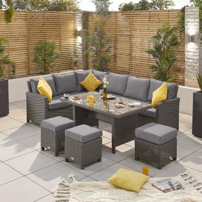 Ciara L-Shaped Corner Rattan Lounge Dining Set with 3 Stools - Left Handed Parasol Hole Table in Slate Grey