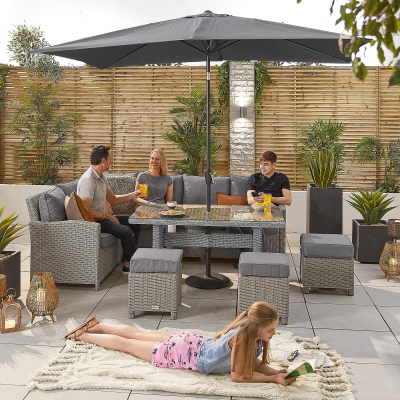 Ciara L-Shaped Corner Rattan Lounge Dining Set with 3 Stools - Left Handed Parasol Hole Table in White Wash