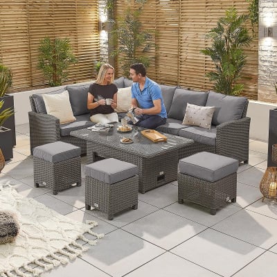 Ciara L-Shaped Corner Rattan Lounge Dining Set with 3 Stools - Left Handed Rising with Parasol Hole Table in Slate Grey