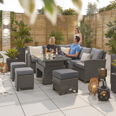 Ciara L-Shaped Corner Rattan Lounge Dining Set with 3 Stools - Left Handed Rising with Parasol Hole Table in Slate Grey