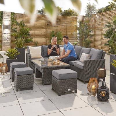 Ciara L-Shaped Corner Rattan Lounge Dining Set with 3 Stools - Left Handed Rising with Parasol Hole Table in Slate Grey