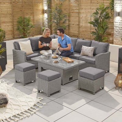 Ciara L-Shaped Corner Rattan Lounge Dining Set with 3 Stools - Left Handed Rising with Parasol Hole Table in White Wash