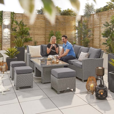 Ciara L-Shaped Corner Rattan Lounge Dining Set with 3 Stools - Left Handed Rising with Parasol Hole Table in White Wash