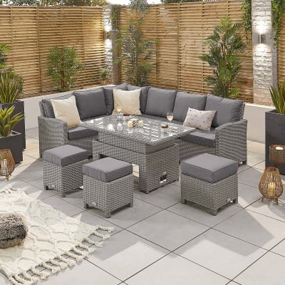 Ciara L-Shaped Corner Rattan Lounge Dining Set with 3 Stools - Left Handed Rising Table in White Wash